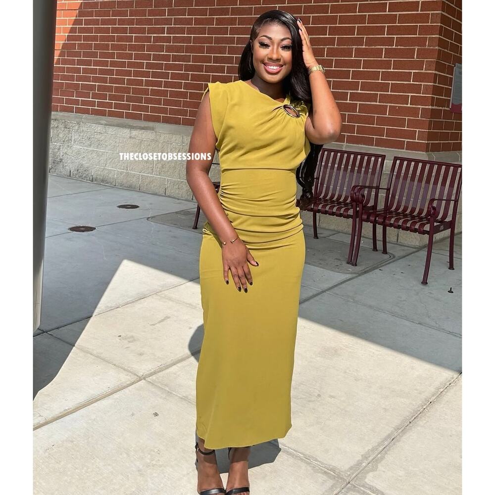 Zara NWT Olive Green Ruched Gold Hardware Midi Dress L - Picture 13 of 16
